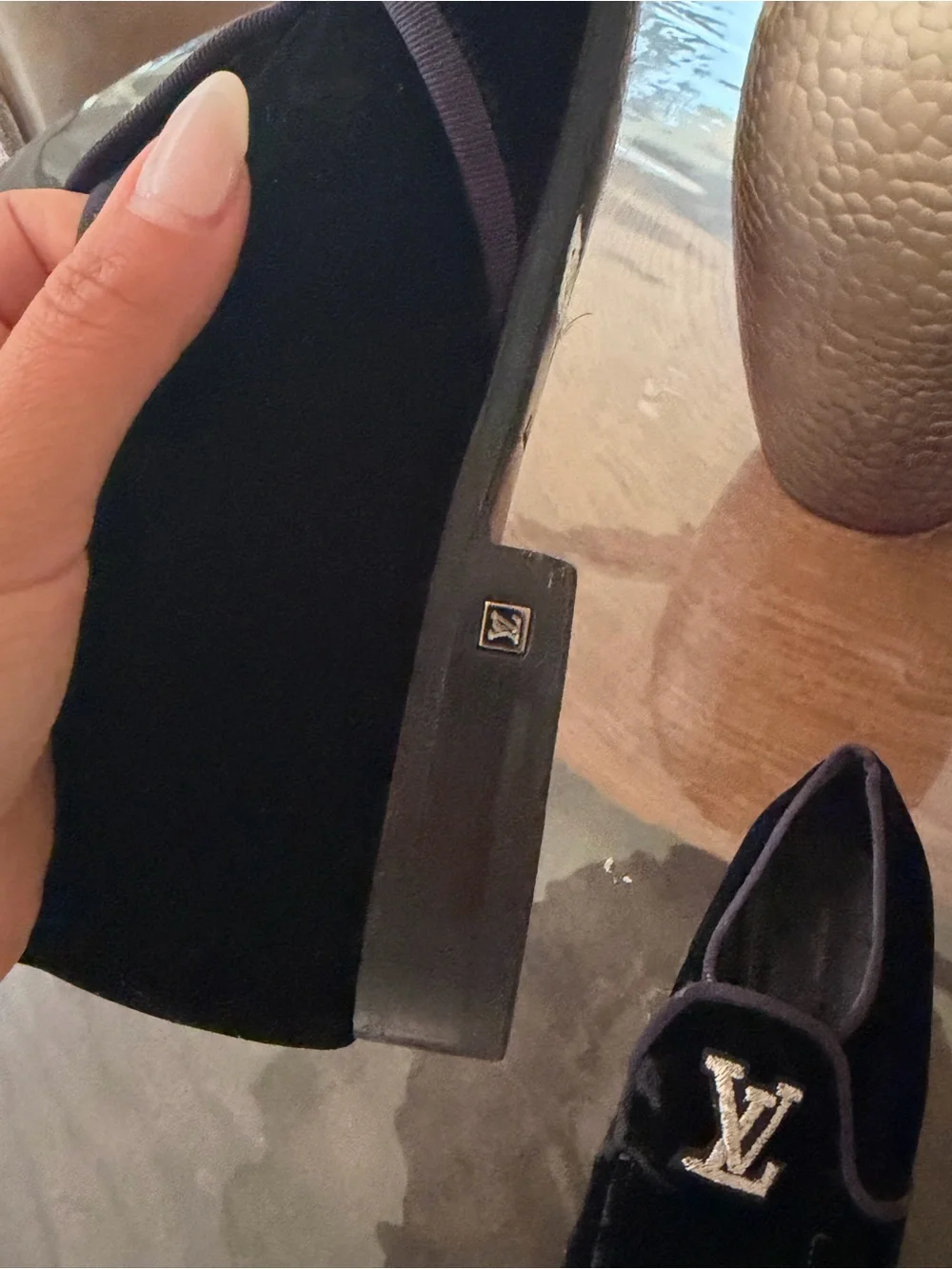 Louis Vuitton Black Velvet Loafer Embroidered LV